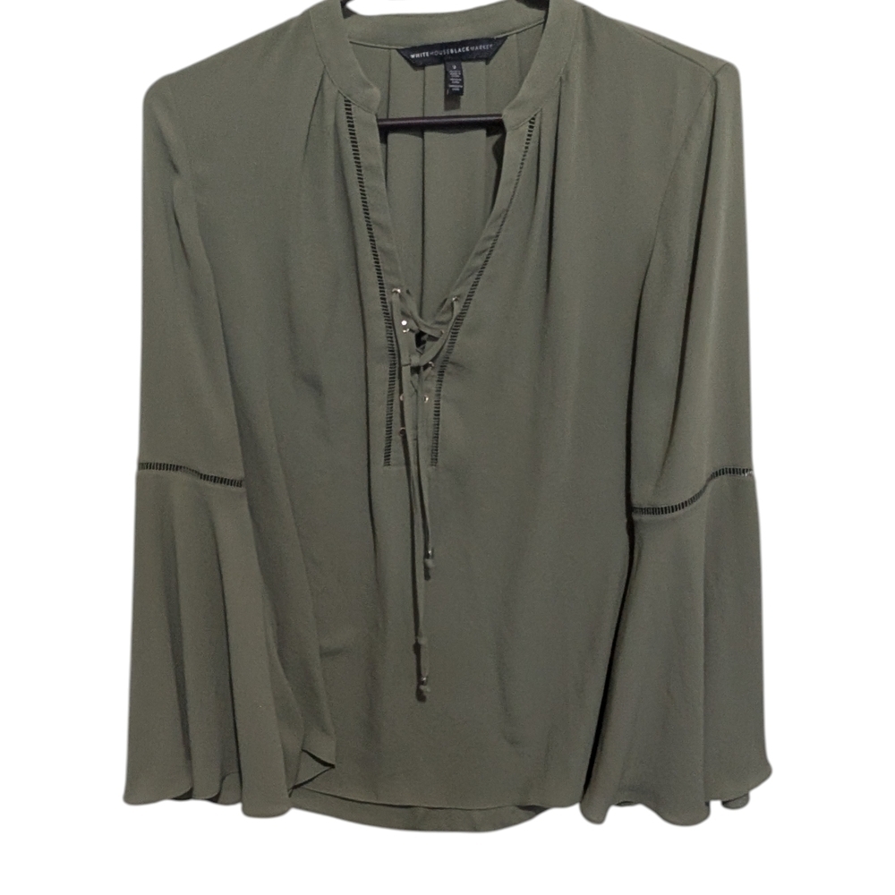 White House Black Market Olive Green Lace-Up Henley Blouse Size 2 Flowy Long Sle